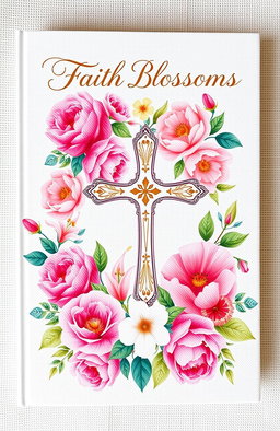 A beautifully designed Christian book cover for women, featuring an elegant floral pattern with vibrant and delicate flowers such as roses, peonies, and lilies surrounding a prominent, artistic cross at the center
