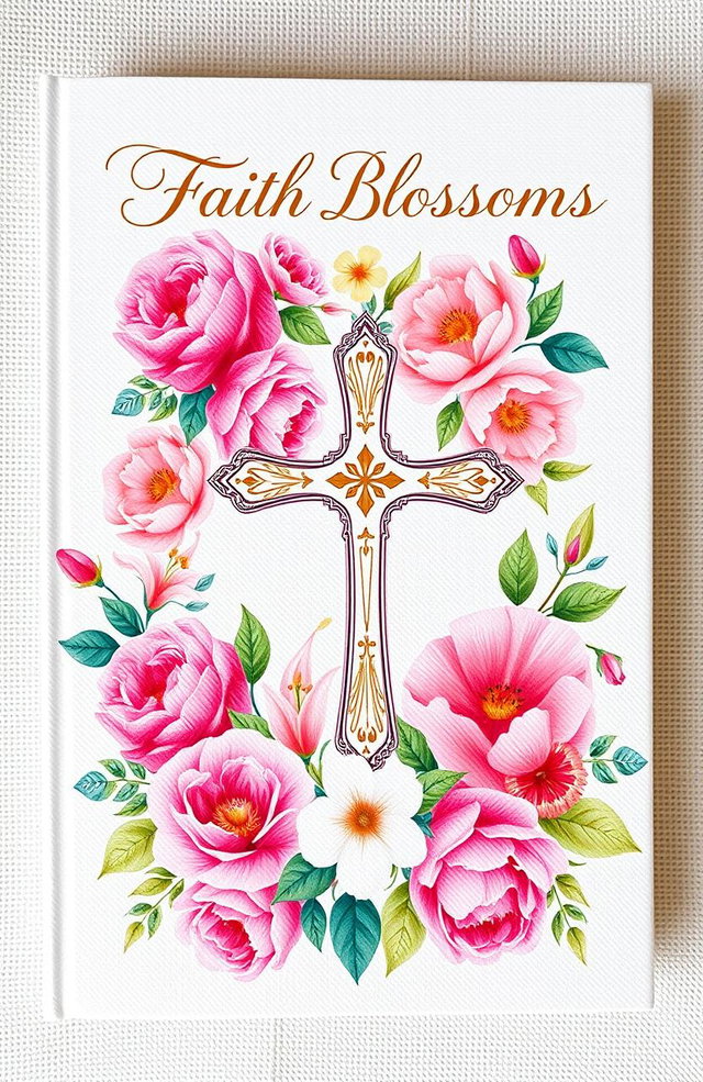 A beautifully designed Christian book cover for women, featuring an elegant floral pattern with vibrant and delicate flowers such as roses, peonies, and lilies surrounding a prominent, artistic cross at the center