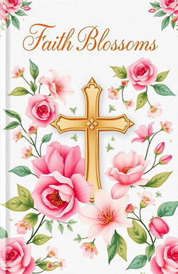 A beautifully designed Christian book cover for women, featuring an elegant floral pattern with vibrant and delicate flowers such as roses, peonies, and lilies surrounding a prominent, artistic cross at the center