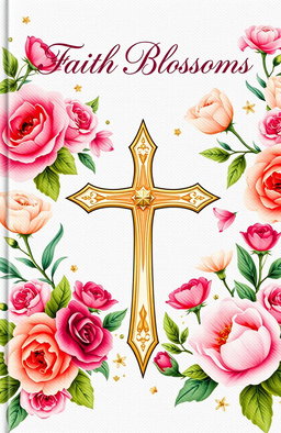 A beautifully designed Christian book cover for women, featuring an elegant floral pattern with vibrant and delicate flowers such as roses, peonies, and lilies surrounding a prominent, artistic cross at the center