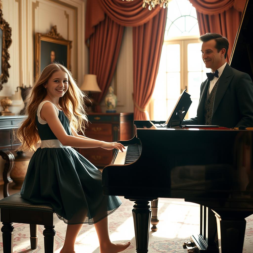 A young girl playing a grand piano in a beautifully decorated room with elegant furnishings