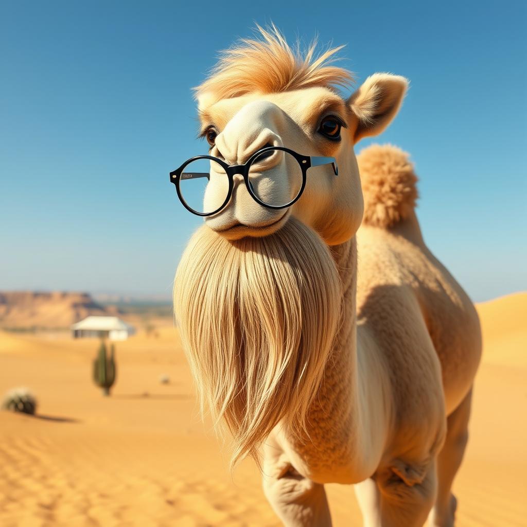 A whimsical camel with a long, scholarly beard, resembling a distinguished professor