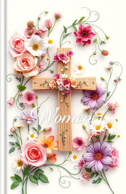 A beautifully designed cover for a Christian book for women, featuring an array of colorful flowers such as roses, lilies, and daisies intertwined gracefully among tendrils of greenery