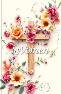 A beautifully designed cover for a Christian book for women, featuring an array of colorful flowers such as roses, lilies, and daisies intertwined gracefully among tendrils of greenery