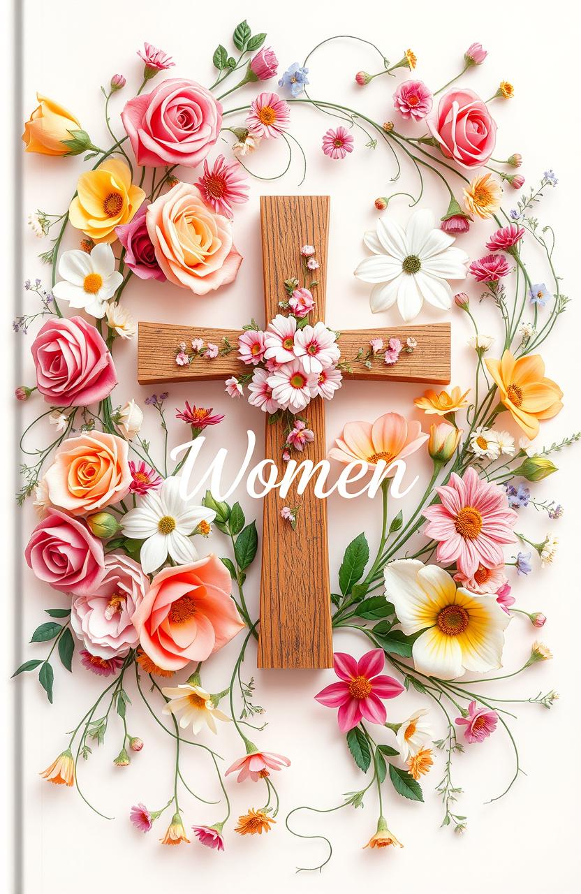 A beautifully designed cover for a Christian book for women, featuring an array of colorful flowers such as roses, lilies, and daisies intertwined gracefully among tendrils of greenery