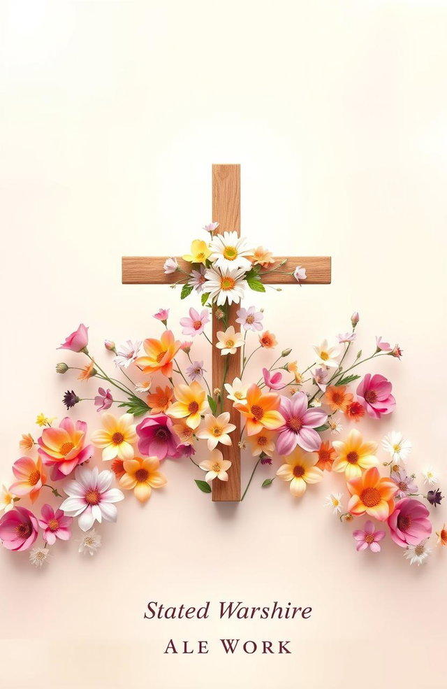 A beautiful Christian-themed book cover designed for women, featuring an array of vibrant flowers surrounding a prominent cross