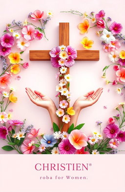 A beautiful Christian-themed book cover designed for women, featuring an array of vibrant flowers surrounding a prominent cross