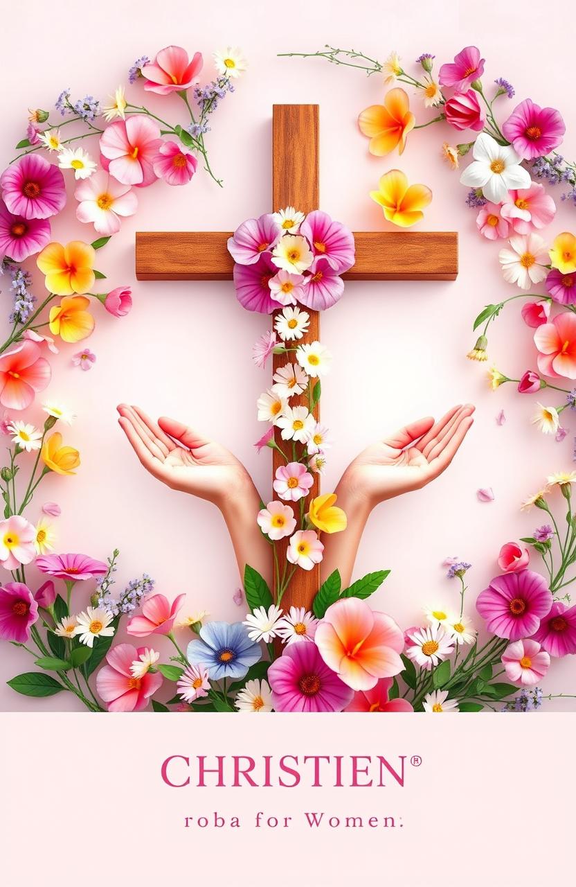 A beautiful Christian-themed book cover designed for women, featuring an array of vibrant flowers surrounding a prominent cross