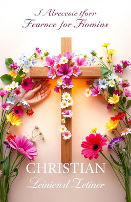 A beautiful Christian-themed book cover designed for women, featuring an array of vibrant flowers surrounding a prominent cross