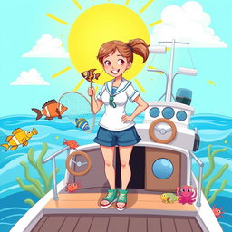 A cartoon illustration of a female marine biology student in a vibrant sailor outfit, smiling confidently as she stands on the deck of a cute, cartoonish research boat