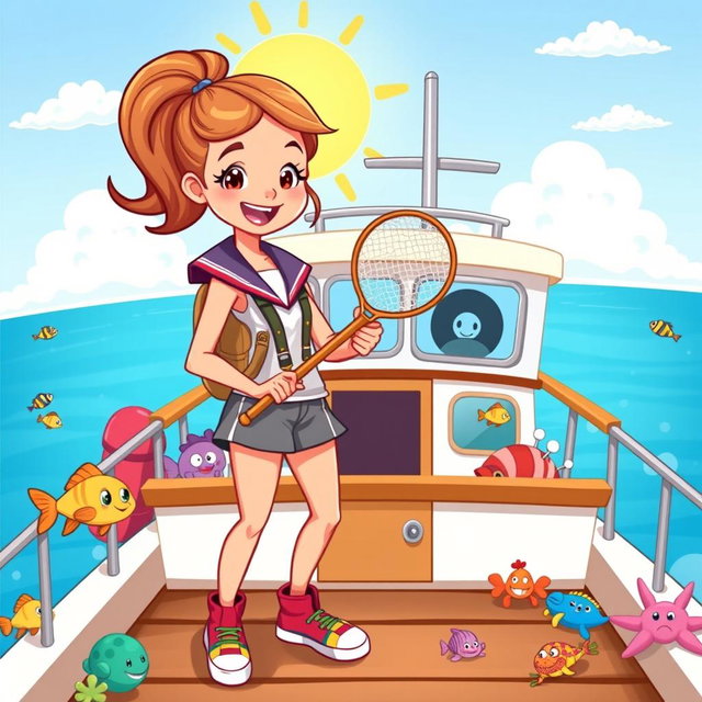 A cartoon illustration of a female marine biology student in a vibrant sailor outfit, smiling confidently as she stands on the deck of a cute, cartoonish research boat