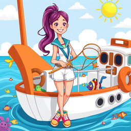 A cartoon illustration of a female marine biology student in a vibrant sailor outfit, smiling confidently as she stands on the deck of a cute, cartoonish research boat