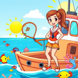 A cartoon illustration of a female marine biology student in a vibrant sailor outfit, smiling confidently as she stands on the deck of a cute, cartoonish research boat