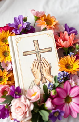 A serene and uplifting scene depicting a Christian book designed for women, beautifully adorned with vibrant flowers surrounding it