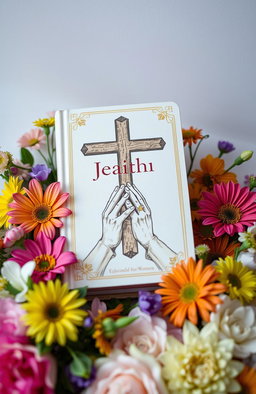 A serene and uplifting scene depicting a Christian book designed for women, beautifully adorned with vibrant flowers surrounding it