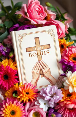 A serene and uplifting scene depicting a Christian book designed for women, beautifully adorned with vibrant flowers surrounding it
