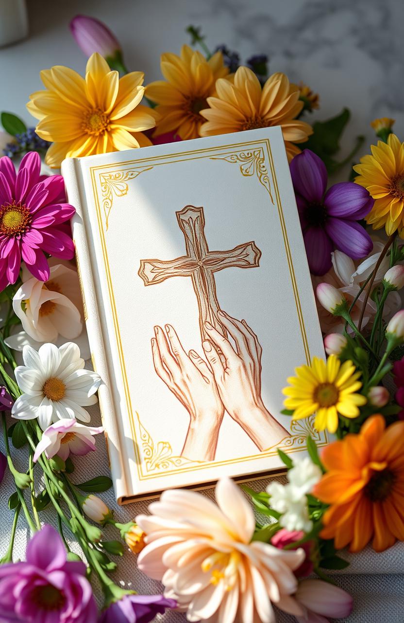 A serene and uplifting scene depicting a Christian book designed for women, beautifully adorned with vibrant flowers surrounding it