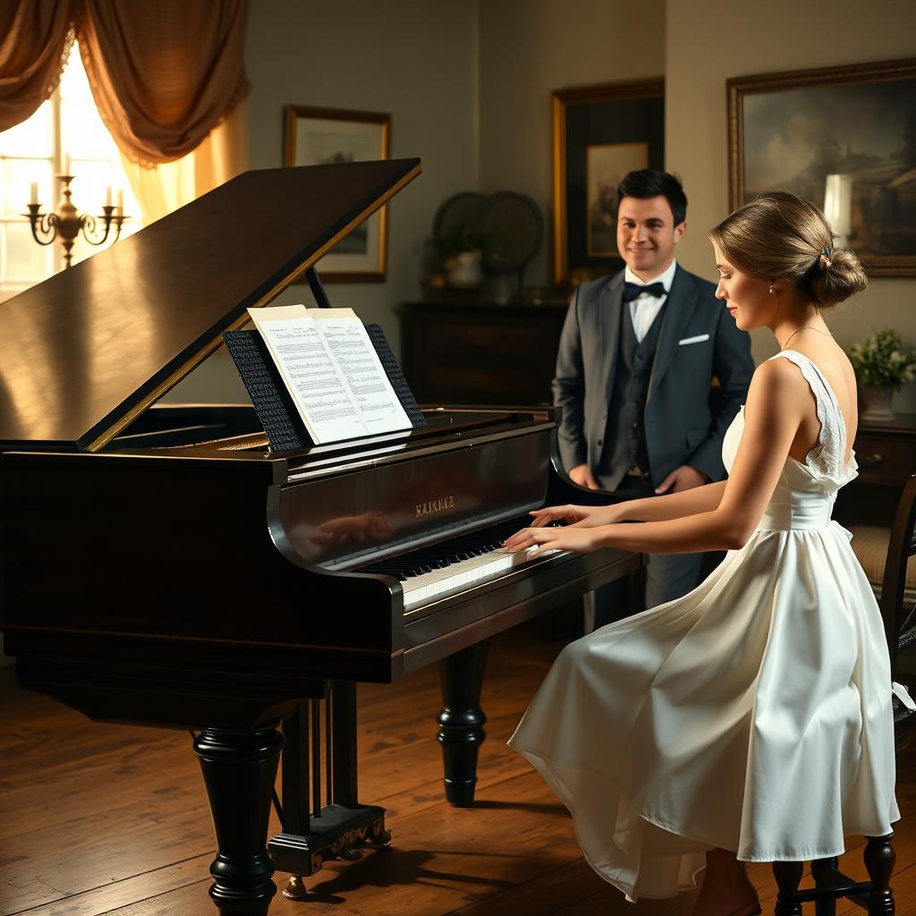 A beautiful, serene scene depicting a young woman playing a grand piano with grace and focus
