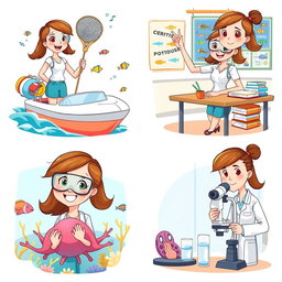 A series of four cartoon illustrations of a female marine biology student in various scenes related to her studies