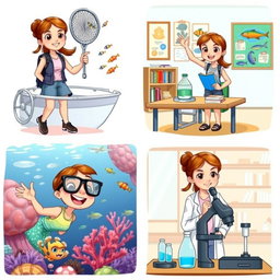 A series of four cartoon illustrations of a female marine biology student in various scenes related to her studies