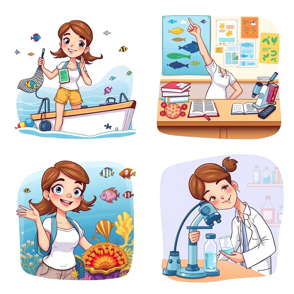 A series of four cartoon illustrations of a female marine biology student in various scenes related to her studies