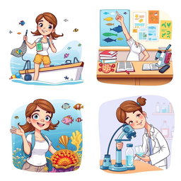 A series of four cartoon illustrations of a female marine biology student in various scenes related to her studies