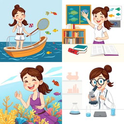A series of four cartoon illustrations of a female marine biology student in various scenes related to her studies