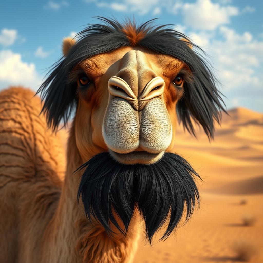 A realistic depiction of a camel with prominent, large lips and a long, black scholarly beard that gives it a distinguished professor-like appearance