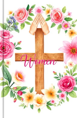 A beautifully designed Christian book cover aimed at women, featuring vibrant flowers of various types such as roses and lilies, elegantly arranged around a central illustration of a wooden cross