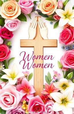 A beautifully designed Christian book cover aimed at women, featuring vibrant flowers of various types such as roses and lilies, elegantly arranged around a central illustration of a wooden cross
