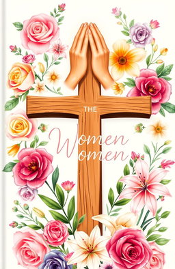 A beautifully designed Christian book cover aimed at women, featuring vibrant flowers of various types such as roses and lilies, elegantly arranged around a central illustration of a wooden cross