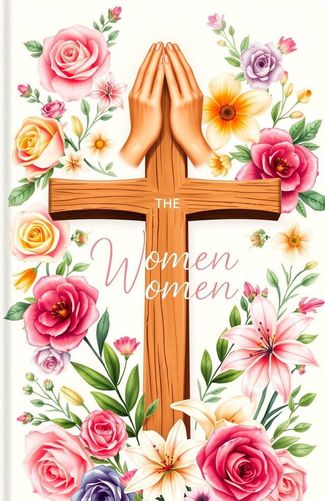 A beautifully designed Christian book cover aimed at women, featuring vibrant flowers of various types such as roses and lilies, elegantly arranged around a central illustration of a wooden cross
