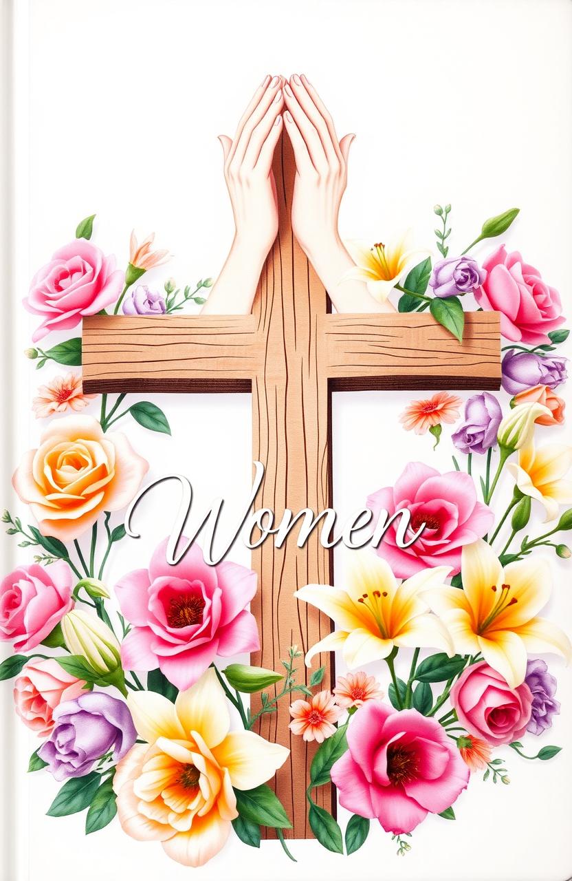 A beautifully designed Christian book cover aimed at women, featuring vibrant flowers of various types such as roses and lilies, elegantly arranged around a central illustration of a wooden cross