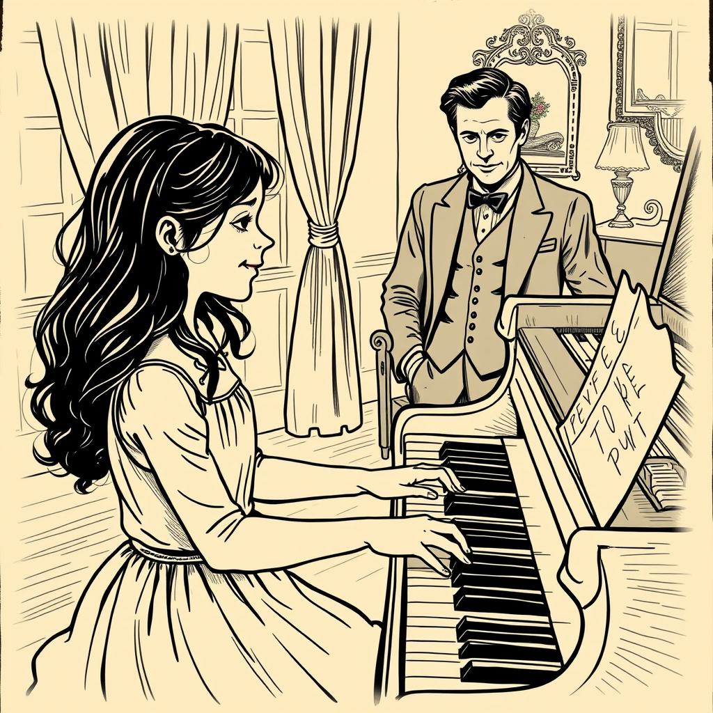 A serene scene featuring a girl playing a grand piano, her fingers gracefully dancing over the keys