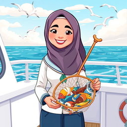 A cartoon illustration of a female marine biology student who wears a hijab, proudly standing on the deck of a research boat