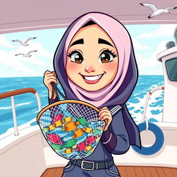 A cartoon illustration of a female marine biology student who wears a hijab, proudly standing on the deck of a research boat