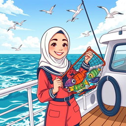 A cartoon illustration of a female marine biology student who wears a hijab, proudly standing on the deck of a research boat
