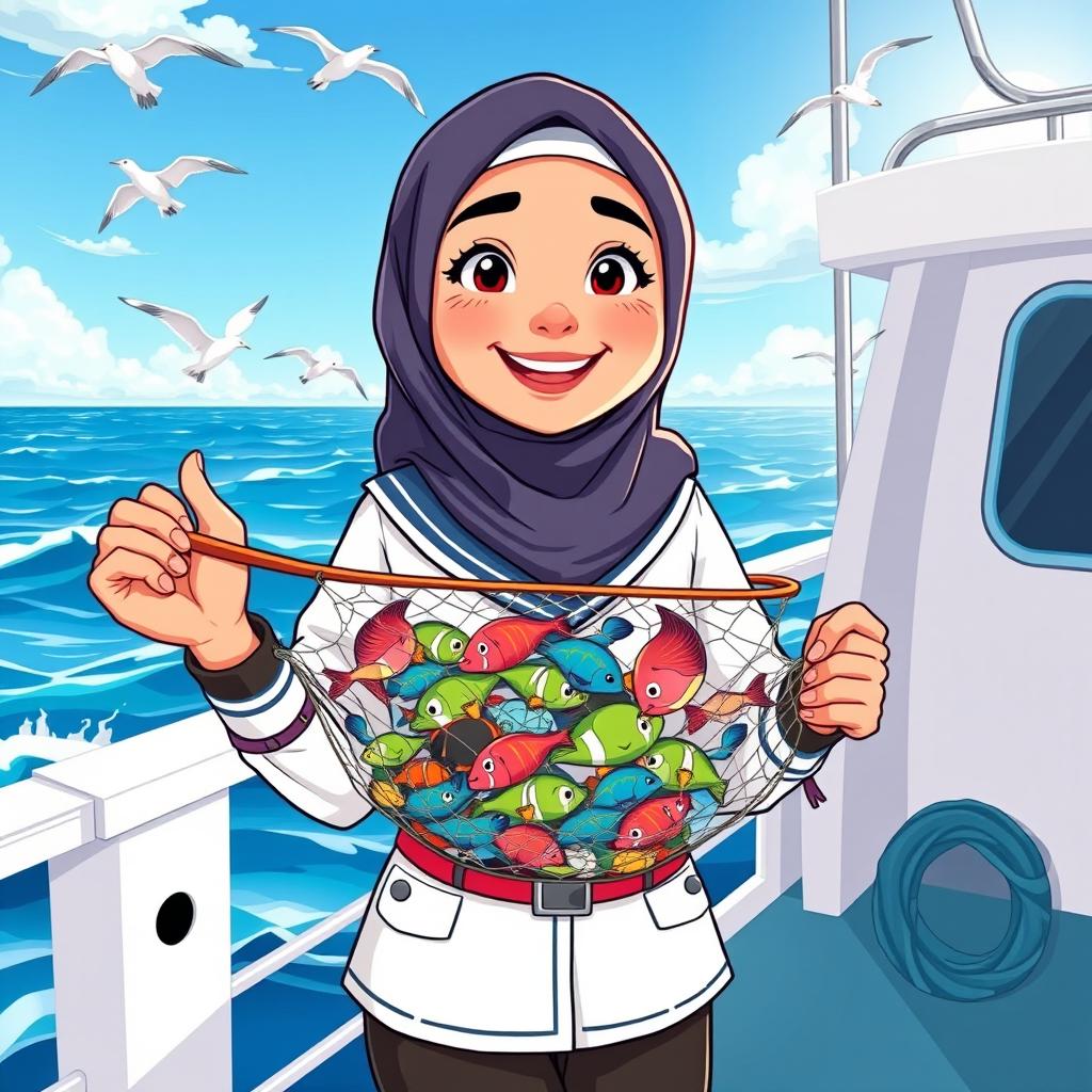A cartoon illustration of a female marine biology student who wears a hijab, proudly standing on the deck of a research boat