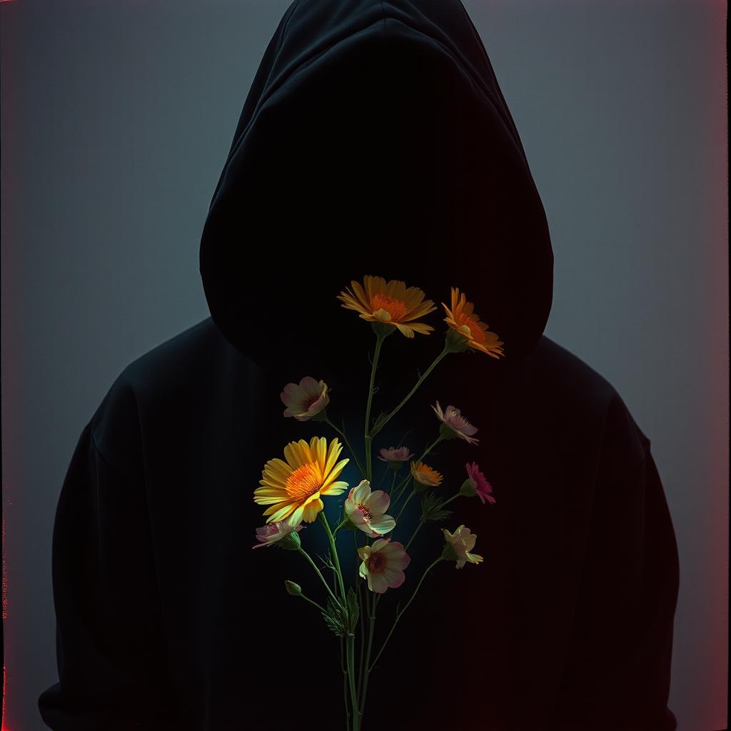 A faceless person wearing a dark oversized hoodie, adorned with glowing neon edges, exuding surreal aesthetics