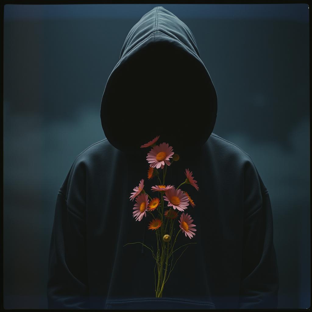 A faceless person wearing a dark oversized hoodie with glowing neon edges, set against a surreal background