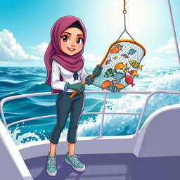 A cool cartoon illustration of a female marine biology student wearing a stylish hijab and a trendy sailor outfit, confidently standing on the deck of a boat