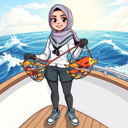 A cool cartoon illustration of a female marine biology student wearing a stylish hijab and a trendy sailor outfit, confidently standing on the deck of a boat