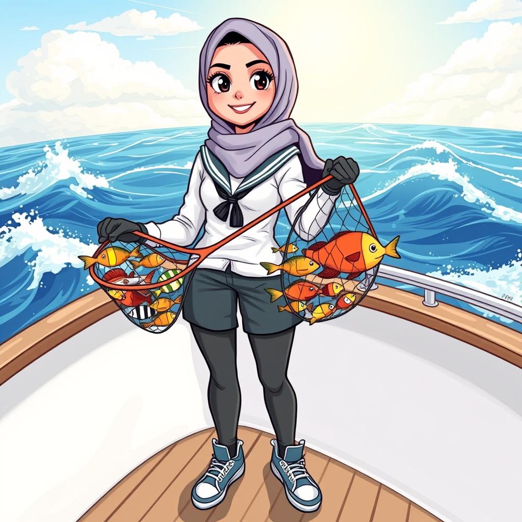 A cool cartoon illustration of a female marine biology student wearing a stylish hijab and a trendy sailor outfit, confidently standing on the deck of a boat