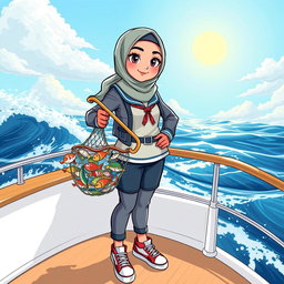 A cool cartoon illustration of a female marine biology student wearing a stylish hijab and a trendy sailor outfit, confidently standing on the deck of a boat