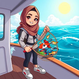 A cool cartoon illustration of a female marine biology student wearing a stylish hijab and a trendy sailor outfit, confidently standing on the deck of a boat