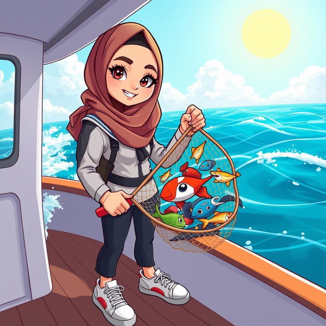 A cool cartoon illustration of a female marine biology student wearing a stylish hijab and a trendy sailor outfit, confidently standing on the deck of a boat