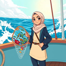 A cool cartoon illustration of a female marine biology student wearing a stylish and modest outfit, featuring a hijab and covered clothing suitable for a sailor