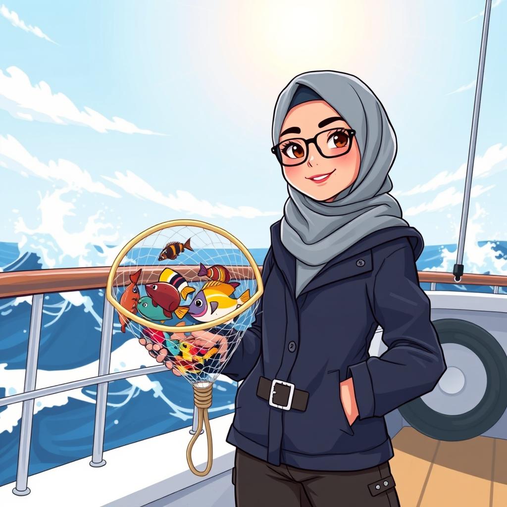 A cool cartoon illustration of a female marine biology student wearing a stylish and modest outfit, featuring a hijab and covered clothing suitable for a sailor