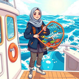 A cool cartoon illustration of a female marine biology student wearing a stylish and modest outfit, featuring a hijab and covered clothing suitable for a sailor
