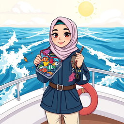 A cool cartoon illustration of a female marine biology student wearing a stylish and modest outfit, featuring a hijab and covered clothing suitable for a sailor